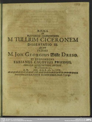 3: In Plutarchi Chaeronensis M. Tullium Ciceronem Dissertatio