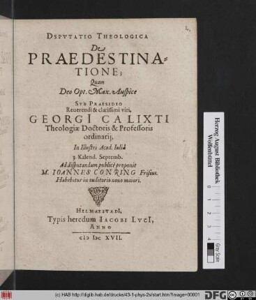 Disputatio Theologica De Praedestinatione
