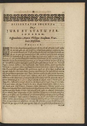 Dissertatio Secunda De Iure Et Statu Personarum.