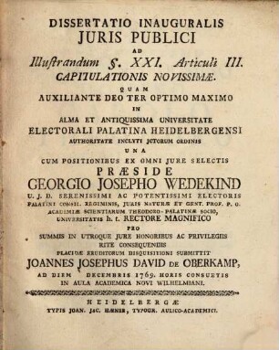 Diss. inaug. ... ad illustrandum § XXI. Articuli III. Capitulationis novissimae