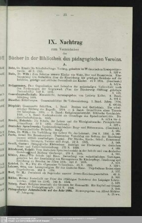 IX. Nachtrag zum Verzeichnisse der Bücher in der Bibliothek des Pädagogischen Vereins