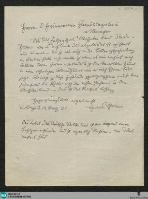 Brief von Hans Thoma an David Heinemann - K 3504,1