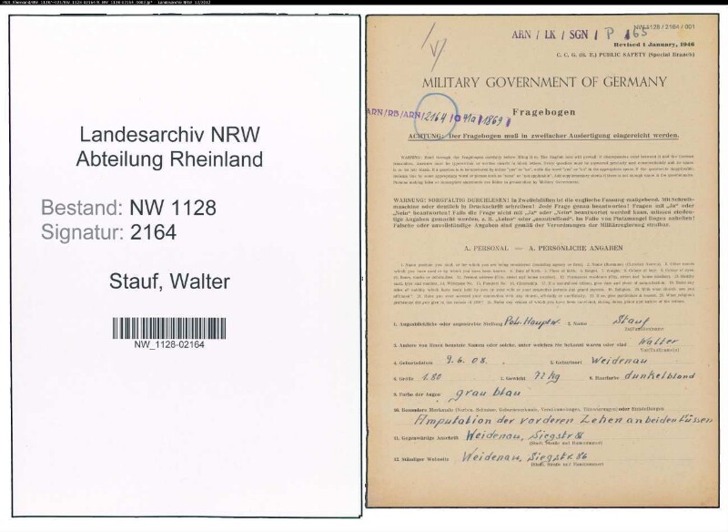 Entnazifizierung Walter Stauf , geb. 09.06.1908 (Polizist)