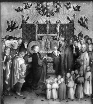 Die Darstellung Christi im Tempel : Die Darstellung Christi im Tempel. Tafelmalerei, Goldgrund; 139 x 126 cm (1447; S. Lochner). Darmstadt, Hessisches Landesmuseum Darmstadt, Inventar-Nr. GK 24