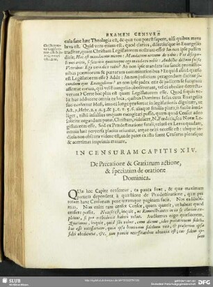 In Censuram Capitis XIV. De Precatione & Gratiarum actione, & speciatium de oratione Dominica