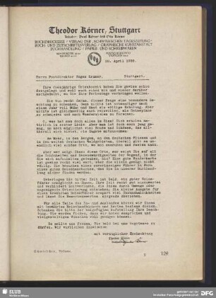 Werbebrief "Theodor Körner", Stuttgart