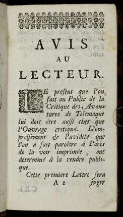 Avis Au Lecteur.