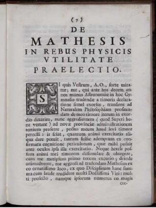 De mathesis in rebus physicis vtilitate praelectio.