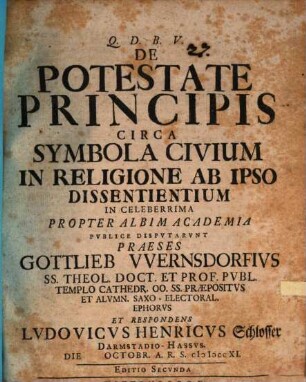 De Potestate Principis Circa Symbola Civium In Religione Ab Ipso Dissentientium
