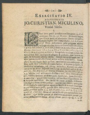 Exercitatio IV. Respondente Jo. Christian. Miculino, Vratisl. Silesio.