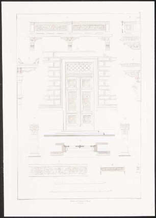 Wohnhaus Hitzig Lennéstraße 8, Berlin-Tiergarten: Ansicht Portal, Details (aus: Architektonisches Album, Bd. 1, H.12, hrsg.v. Stüler, Knoblauch, Salzenberg, Strack, 1846)