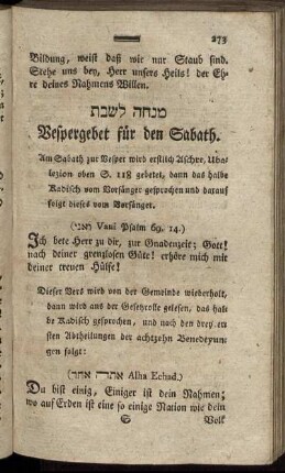 Vespergebet für den Sabath.