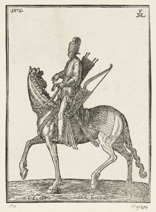 Reiter nach links, aus: Melchior Lorch, "Des Weitberühmten Kunstreichen und Wolerfahrnen herrn Melchior Lorichs, Flensburgensis Wolgerissene und geschnittene Figuren zu Ross und Fuss sampt schönen Türkischen Gebäuden und allerhand was in der Türkey ze sehen", Hamburg 1626