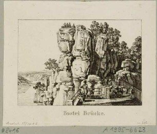 Die Bastei von der hölzernen Brücke nach Westen, mit der Basteiaussicht, aus Andenken an die Sächsische Schweiz von C. A. Richter 1820