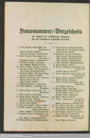 Häuserbuch : Hausnummer-Verzeichnis mit Angabe der selbständigen Bewohner bez. der erwachsenen männlichen Personen