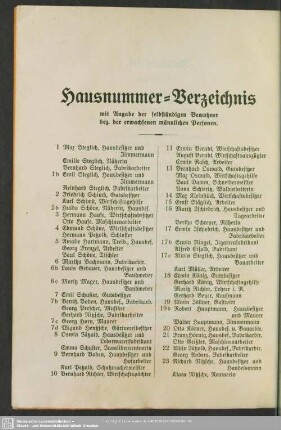 Häuserbuch : Hausnummer-Verzeichnis mit Angabe der selbständigen Bewohner bez. der erwachsenen männlichen Personen