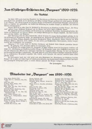 Zum 40jährigen Erscheinen des "Burgwart" 1899-1939. Ein Rückblick