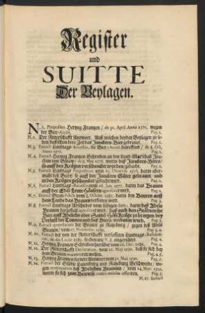 Register und Suittte Der Beylagen