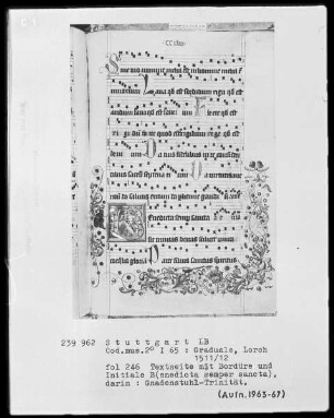 Graduale (Benediktinerhandschrift) — Initiale B (enedicta semper sancta) mit Gnadenstuhltrinität, Folio 246recto
