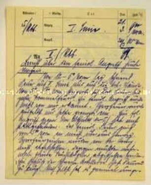 Handschriftlich ausgefüllter Vordruck zur Meldung über den aktuellen Verlauf des Kriegsgeschehens; 5./Regiment 66 an das II./Regiment 66; Uhrzeit 9:30 Uhr
