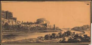 Bebauung von Lehmanns Felsen, Halle/Saale: Perspektivische Ansicht von der Saale her 1:500