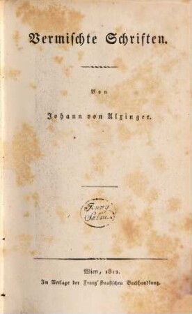 Sämmtliche Werke, 9. Vermischte Schriften