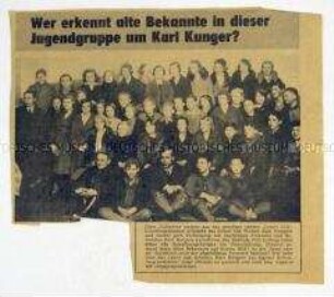 Ausschnitt aus einer Betriebszeitung mit dem Foto einer Gruppe Jugendlicher aus den 1930er Jahren mit Karl Kunger - Personenkonvolut