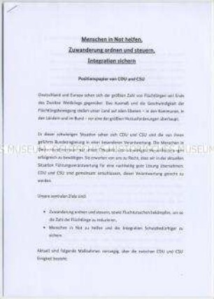 Informationsmaterial der CDU zur Asyl- und Flüchtlingspolitik