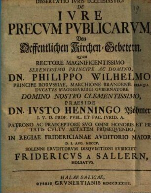 Dissertatio iuris ecclesiastici de iure precum publicarum, von öffentlichen Kirchen-Gebetern