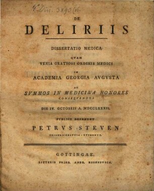 De deliriis : dissertatio medica