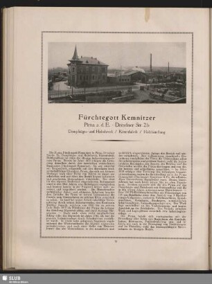 Fürchtegott Kemnitzer. Pirna a.d.E., Dresdner Str. 2b. Dampfsäge- und Hobelwerk, Kistenfabrik, Holzhandlung