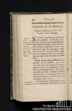 Chapitre VI. Et Dernier. L'amour raisonnable produit seul la paix dans le mariage.