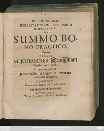 Exercitationum Ethicarum Disputatio II. De Summo Bono Practico