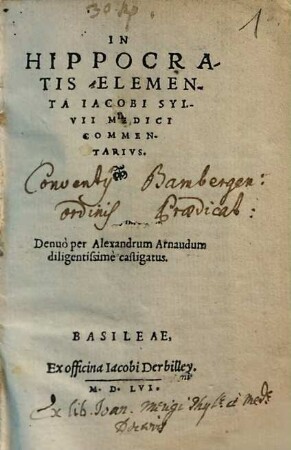 In Hippocratis Elementa Iacobi Sylvii Medici Commentarivs