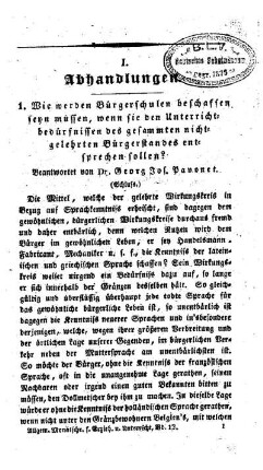 Wie werden Bürgerschulen beschaffen seyn müssen, wenn sie den Unterrichtbedürfnissen des gesammten nichtgelehrten Bürgerstandes entsprechen sollen? : (Schluss.(