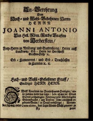 An-Verehrung Dem Hoch- und Wohl-Gebohrnen Herrn Herrn Joanni Antonio ...
