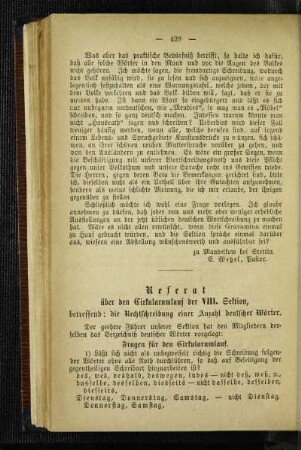 Referat über den Cirkularumlauf der VIII. Sektion, betreffend: die Rechtschreibung einer Anzahl deutscher Wörter