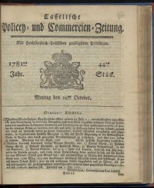 1781tes Jahr. 44tes Stück. Montag den 29ten October