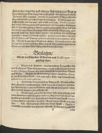 Beylagen/ So zu vorstehenden Schreiben und Postsripto gehörig seyn: