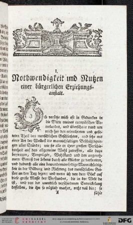 I. Nothwendigkeit und Nutzen einer bürgerlichen Erziehungsanstalt