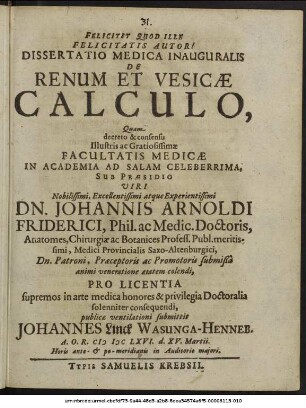 Dissertatio Medica Inauguralis De Renum Et Vesicae Calculo