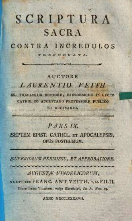 Scriptura Sacra Contra Incredulos Propugnata, 9. Septem Epist. Cathol. Et Apocalypsis, Opus Posthumum