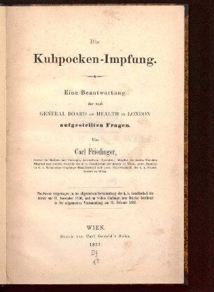 Die Kuhpocken-Impfung : eine Beantwortung der vom General Board of Health in London aufgestellten Fragen