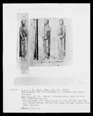 Les monuments de la monarchie française. Sammelband der Zeichnungen und Probedrucke Montfaucons — Saint-Denis, Abteikirche, Gewändefigur des südlichen Westportals, Folio fol. 70