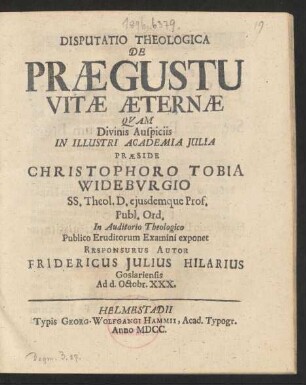 Disputatio Theologica De Praegustu Vitae Aeternae