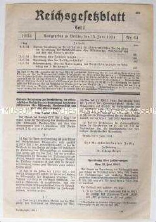 Reichsgesetzblatt mit der "Verordnung über den Volksgerichtshof" vom 12. Juni 1934