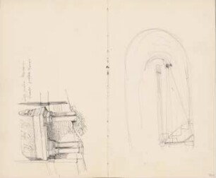 Reiseskizzen aus Athen, Venedig und Padua: Perspektivische Ansicht Grabmal, Innenansicht Treppenhaus (aus: Skizzenalbum 4)