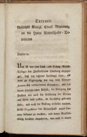 Extract. Rescripts Königl. Churf. Regierung an die Herrn Ritterschafts-Deputirten[...]