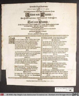Pindische Grab-Begleitung/ Von Apollo und den Neun Musen geleistet : Da des ... Herrn Aschen von Kramm/ Des ... Herrn Carl von Kramm ... Hertzvielgeliebten Sohns Verblichener Leichnam von der weitberühmten Fürstl. Julius Universität Helmstädt ab und nach Ölber geführet wurde