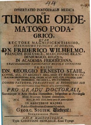 Dissertatio Inauguralis Medica De Tumore Oedematoso Podagrico